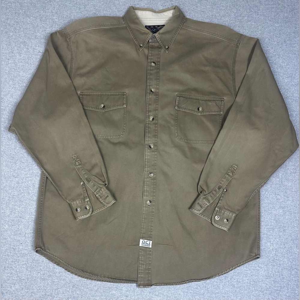 VTG Old College Inn Shirt Mens Medium Tan Brown Button Up Cotton Canvas Workwear